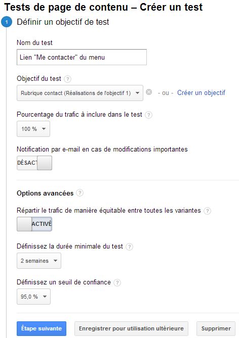 Configuration d'un test Google Analytics : étape 1