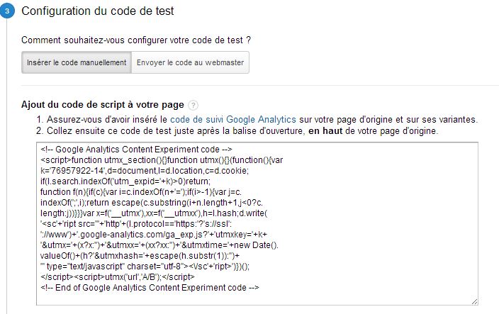 Configuration d'un test Google Analytics : étape 3